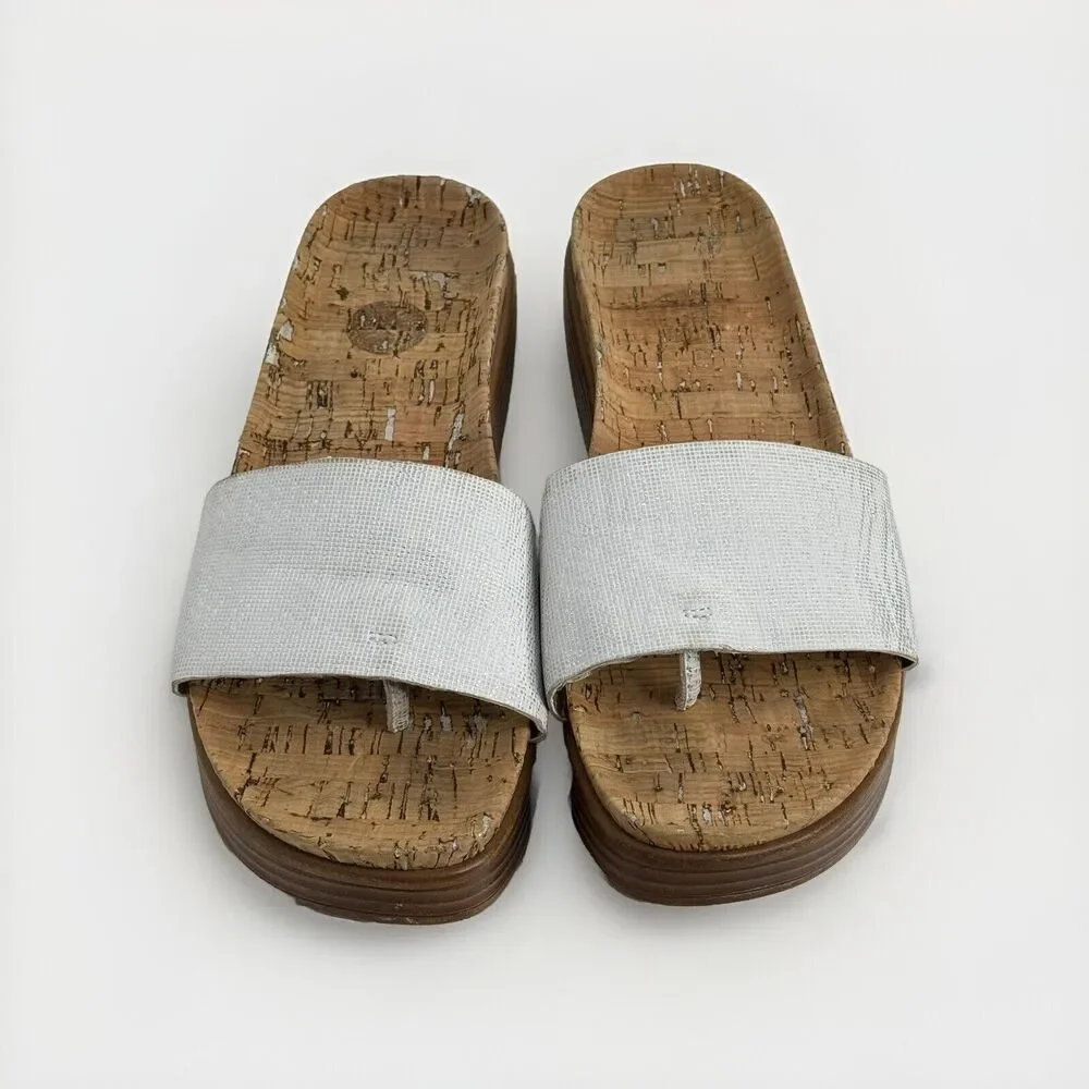 Donald Pliner Fiji Cork Wedge Platform Sandal Thong Slide Sz 9.5 Metallic Gray